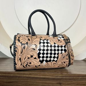 2026 Personalized Stylish Handcrafted Cowhide <b>Leather</b> Speedy Bag Checkered Western Duffel Vintage Travel Handbag for Women - Product Image 4