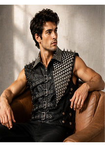 Chaleco de Cuero para Hombre, Chaleco de Motociclista con Tachuelas, Chaleco Estilo Gótico Punk, Chaleco de Cuero Negro con Hebilla Frontal - Product Image 4