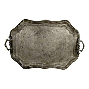 Plateaux en métal marocains en gros, faits à la main, plaqués argent, gravés, rectangulaires, avec poignées, style arabe, pour le thé et le café - Product Image 6