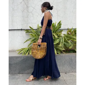 Robe longue en rayonne unie, faite main, naturelle et élégante, col en V, manches longues, coupe trapèze, formelle, grande taille, écologique et respirante - Product Image 2