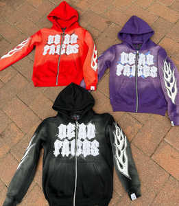 Sudaderas con capucha con etiqueta personalizada Sun Faded Thick French Terry Vintage Zip up parche bordado desgastado apliques de diamantes de imitación - Product Image 1