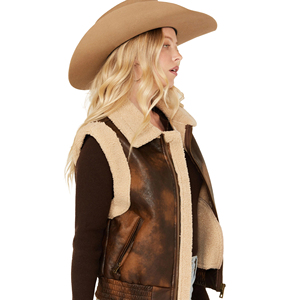 Women's Western Cowgirl Leather Cowhide <b>Vest</b> Windproof Breathable Short Private Label Factory Price Wholesale Manufacturer - Product Image 5