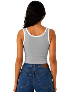 Gray Women Ribbed <b>Crop</b> Tank <b>Top</b> White Trim Sleeveless V Neck Slim Fit Casual Summer Stretch Cotton Vest Fashion Ladies <b>Tops</b> - Product Image 2