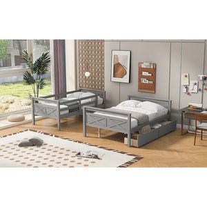 Lit superposé gris double sur grand lit avec échelle et barrière de sécurité, incluant deux tiroirs de rangement - Product Image 6