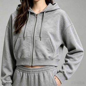 Sudadera Corta con Capucha para Mujer, Color Gris, Cierre Frontal, Forro Polar, Manga Larga, Informal, Transpirable, con Bolsillos, para Otoño - Product Image 1