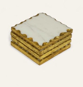 Ensemble de dessous-de-verre élégants en marbre naturel, marbre blanc avec bordure dorée, antidérapants, forme carrée, tapis de table et sous-plats - Product Image 3