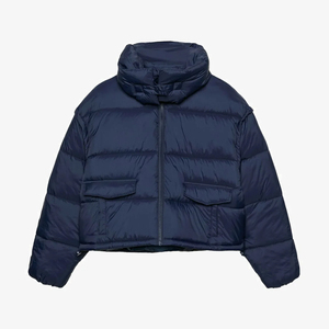 Veste matelassée bleu marine pour femme avec capuche, fermeture éclair sur toute la longueur des manches, longueur courte, manteau d'hiver - Product Image 2