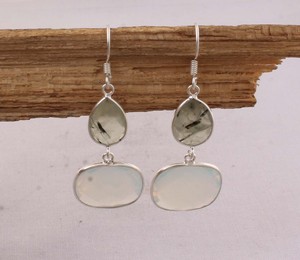 Boucles d'oreilles multi-pierres en préhnite naturelle et opalite, en argent sterling 925, facettées, forme goutte et coussin, bijoux en gros - Product Image 4