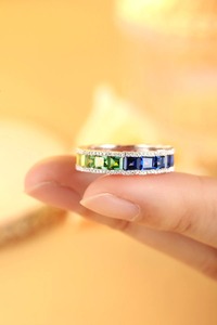 Luxury Women's <b>Ring</b> With Emerald Cut Fancy Diamonds Pink Orange Colorful Band Everyday Wear Jewelry - Product Image 2