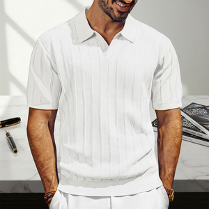 Camiseta de Punto Acanalado para Hombre, Manga Corta, Cuello en V, Frente Liso, Logotipo Personalizado, Cómoda, Informal, para Golf - Product Image 1