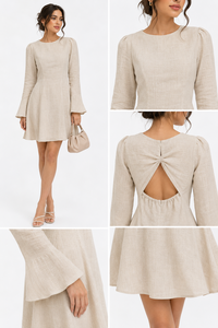 Vestido Midi Bohemio de Lino/Algodón Beige |   Camiseta Hecha a Mano con Cuello Redondo, Mangas Acampanadas y Espalda con Abertura, Ecológica, Transpirable, Corte Moderno para Uso Diario - Product Image 4