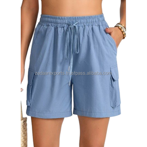 Pantalones cortos de mujer de algodón de lino con estilo azul Cómodo Alta utilidad para uso diario Colores sólidos - Product Image 1