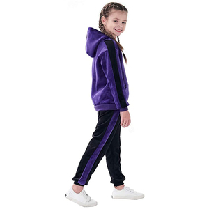 Girls <b>Purple</b> Hooded Tracksuit Set Full Sleeve Casual Fleece Winter Wear With Side Pockets Elastic Waist Solid Design - Product Image 5