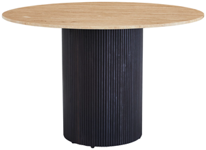 โต๊ะรับประทานอาหารทรงกลมหินอ่อนทราเวอร์ทีนสีเบจ พร้อมฐานไม้มะม่วงลายไม้แบบกลมเคลือบสีดำด้าน - Product Image 2