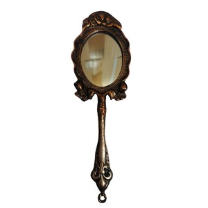 Antique Bronze Handheld Mirror with Ornate Floral Embossing Vintage Style Vanity Mirror for Wedding Gifts & Home Dressing <b>Table</b> - Product Image 3