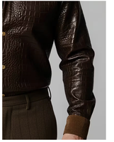 Veste en cuir PU marron pour homme, effet crocodile, col rabattu, bouton unique, coupe ajustée, style moto, vêtement d'hiver pour homme, effet croco