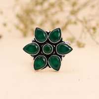 Anillo de Plata 925 Chapado en Oro con Ónix Verde en Forma de Pera y Engaste de Bisel, Diseño Floral, Hecho a Mano, para Fiesta, Estilo Vintage, para Mujer, Venta al por Mayor