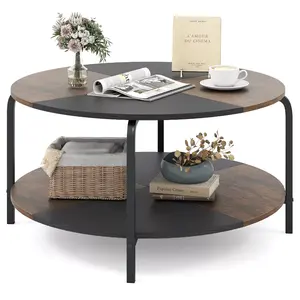 Mesa de centro redonda de 2 niveles con estante de almacenamiento, marco de metal, para sala de estar, apartamento, color marrón rústico, de calidad excepcional, precio de fábrica al por mayor. - Product Image 1