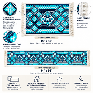 Tapis de couloir géométrique tissé à la main, écologique, imperméable, bleu et blanc, avec franges, style oriental, pour entrée et chambre - Product Image 1