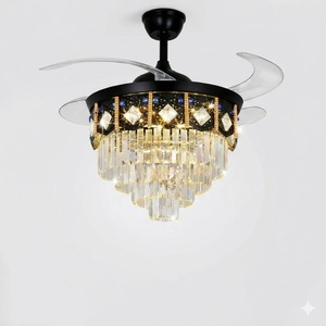 Ventilateur de plafond moderne à pales rétractables avec lustre en cristal de luxe et luminaire suspendu LED doré pour salon et chambre à coucher - Product Image 1