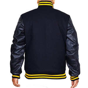 Veste universitaire personnalisée pour homme en laine noire avec manches en simili cuir, veste bomber de baseball à rayures jaunes pour la vente en gros - Product Image 2