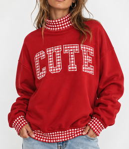 Pull-over décontracté à col roulé pour femme, personnalisé, en coton, coupe oversize, à épaules tombantes, avec patchwork à carreaux vichy et pois, vente en gros - Product Image 5