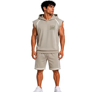 Mens Stone Grey <b>White</b> Sleeveless Hooded Tracksuit <b>Set</b> Custom Logo <b>Gym</b> Fitness Training Sports Hoodie And Shorts Activewear - Product Image 1