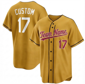Maillot de baseball/softball personnalisé pour homme, couleur moutarde, manches courtes, col en V, fermeture boutonnée intégrale, 100 % polyester, motif rayé en maille sur le devant - Product Image 1