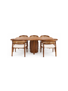 Mesa de Comedor Moderna de Madera con Sillas de Respaldo de Mimbre, Diseño Rectangular de Mediados de Siglo, para el Hogar, Muebles de Comedor, Construcción Estable - Product Image 1