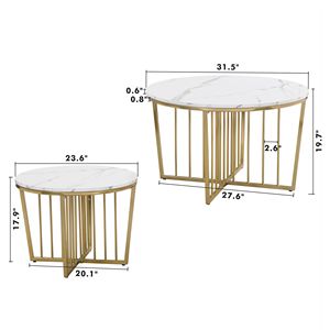 Modern 2-Piece White and Marbling Top <b>Coffee</b> <b>Table</b> Set with Gold Base <b>Nesting</b> <b>Round</b> Design - Product Image 4