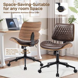 Sedia da Ufficio Girevole Moderna in Noce con Schienale in Legno Curvato e Rivestimento in Pelle PU, Senza Braccioli, Altezza Regolabile e Ruote per Scrivanie Piccole - Product Image 2