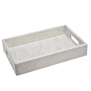 Bandeja rectangular de mármol natural blanco de diseño clásico con asas recortadas para cocina, mesa de café, decoración del hogar. - Product Image 1