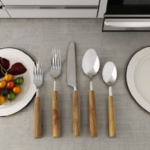 Juego de Cubiertos de Madera Natural con Mango de Acero Inoxidable Plateado, Apto para Lavavajillas, Duradero, con Acabado de Espejo, para Bodas - Product Image 1