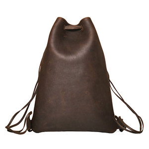 <b>Leather</b> Drawstring <b>Backpack</b> Brown Unisex Gym Bag Vintage Travel Daypack - Product Image 1