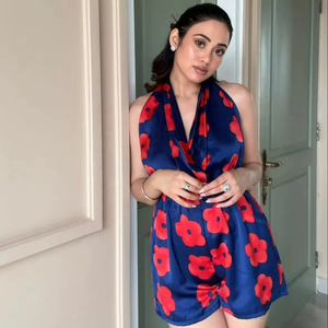 Latest Customized Woven Lace Ruffle Mini Satin Floral Printed <b>Playsuit</b> Dress Casual Women Evening Beach Wear Factory Price - Product Image 1