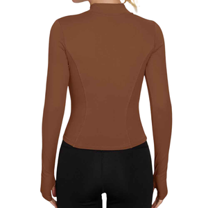 Veste de motard marron pour femme à manches longues avec fermeture éclair, tricotée, respirante, couleur unie, col montant, longueur standard, pour l'automne - Product Image 2