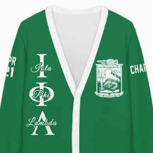 Cardigan tricoté personnalisé pour femmes Iota Phi Lambda, vert émeraude uni, avec lettres, blason, numéro et année, boutonné sur le devant - Product Image 4