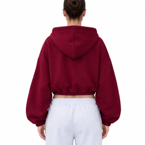 High Quality Embroidery Printed Full Zip up Women Jacket Drop Shoulder Cropped <b>Hoodie</b> 100 Cotton <b>Burgundy</b> Oversized Cropped Hood - Product Image 2