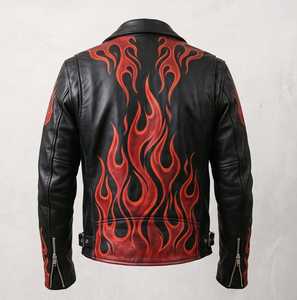 FURAT <b>LEATHERS</b> <b>Men's</b> Breathable Motorcycle <b>Jacket</b> Flame Accents Distressed <b>Leather</b> Handmade Biker Coat Fire Sleeve Stand Autumn - Product Image 2