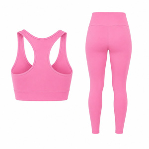 ชุดเซ็ต 2 ชิ้น เสื้อชั้นในกีฬาแบบ Racerback สีชมพู กางเกงเลกกิ้งเอวสูง รองรับระดับปานกลาง ชุดออกกำลังกายโยคะ - Product Image 4