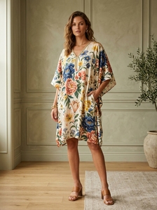 Vestido Kaftán de Rayón Chifón con Estampado Floral, Cuello en V, Manga Regular, Holgado, Largo hasta la Rodilla, Estilo Bohemio Casual de Verano para Mujer, con Botones - Product Image 3