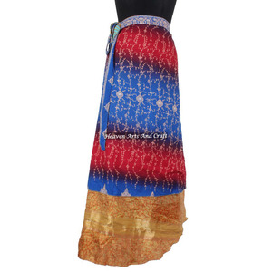 Falda Sari India de Dos Capas Estilo Boho Hippie, Falda Larga Envolvente de Seda Vintage para Mujer, Reversible de 2 Capas - Product Image 1