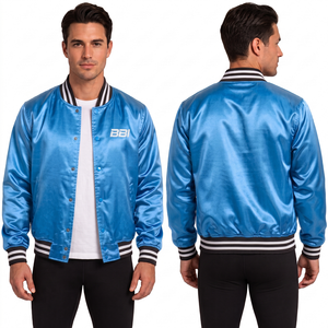 carolina blue <b>men</b> satin jacket <b>black</b> striped rib collar snap front factory direct oem cerulean <b>windbreaker</b> bulk silky track coat - Product Image 1