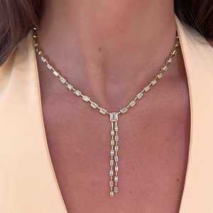 Diamond Lariat Tennis Necklace Emerald Cut Lab Grown Bezel Y Layering Minimalist Bridal Statement Jewelry 10K 14K 18K Solid Gold - Product Image 4