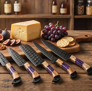 Juego de Cuchillos de Chef de Acero con Alto Contenido de Carbono, Hoja con Recubrimiento Negro, Mango de Madera de Olivo, Sostenible, Duradero, Ambidiestro, Profesional - Product Image 3