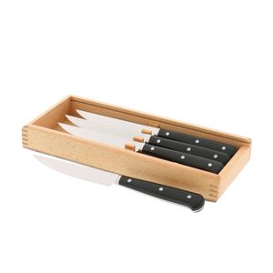 Ensemble de 4 couteaux à steak noirs avec lames argentées unies et manches rivetés dans un plateau en bois brun clair pour la table à manger - Product Image 2