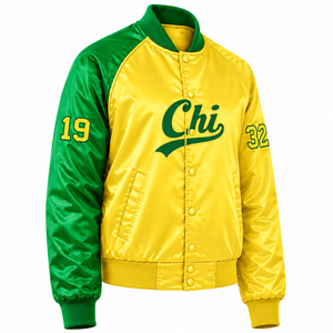 Chaqueta Universitaria de Satén Verde y Amarillo en Contraste para Mujer de la Hermandad Chi Eta Phi, con Botones a Presión en la Parte Delantera, Cuello y Puños de Punto Acanalado - Product Image 4