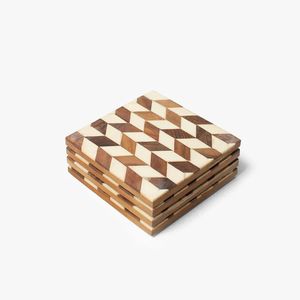 Wooden Square <b>Coasters</b> Set With Geometric Pattern Modern Design Non-Slip Mats For Table Decor - Product Image 3