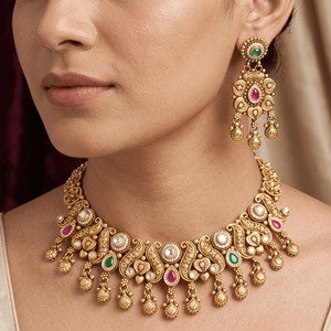 Ensemble collier choker plaqué or antique et boucles d'oreilles assorties avec pierres rubis et émeraudes - Product Image 1