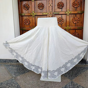 Pantalon Palazzo Évasé Blanc Bohème pour Femme, Imprimé Tribal Géométrique, Taille Haute Élastiquée, Jambe Large, Été, 100% Coton - Product Image 1